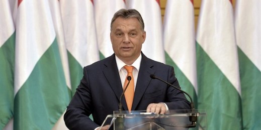 Hungarian Prime Minister Viktor Orban addresses a conference held on the occasion of the 5th anniversary his government, Budapest, Hungary, May 29, 2015 (Szilard Koszticsak/MTI via AP).