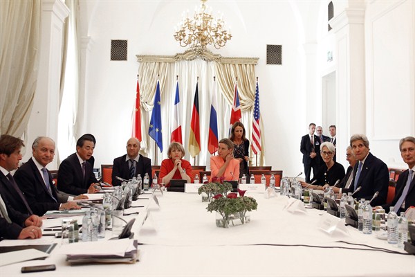 Foreign ministers from the P5+1 meet at an hotel, Vienna, Austria, July 6, 2015 (AP photo by Carlos Barria).
