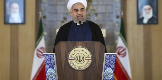 Iranian President Hassan Rouhani addresses the nation in a televised speech after a nuclear agreement was announced in Vienna, Tehran, Iran, July 14, 2015 (AP photo by Ebrahim Noroozi).
