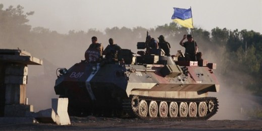 Ukrainian soldiers muster at a point close to Luhansk, eastern Ukraine, Aug. 20, 2014 (AP photo by Petro Zadorozhnyy).