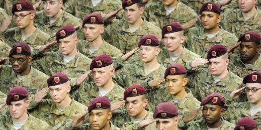 U.S. Army paratroopers assigned to the 4th Brigade Combat Team (Airborne), 25th Infantry Division at a redeployment ceremony, Anchorage, Alaska, Nov. 1, 2012 (DoD photo by Justin Connaher, U.S. Air Force).
