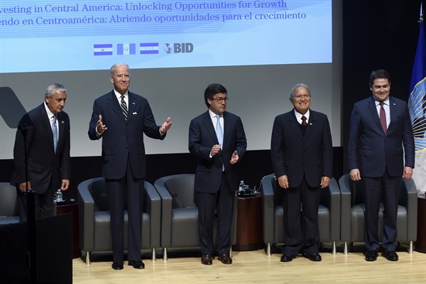 U.S. Vice President Joe Biden with the presidents of Guatemala, El Salvador, Honduras and the Inter-American Development Bank, Washington, Nov. 14, 2014 (AP photo by Susan Walsh).