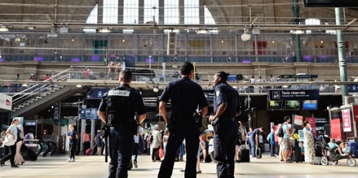 French police officers patrol the Gare du Nord train station, Paris, France, Aug. 22, 2015 (AP photo by Binta).