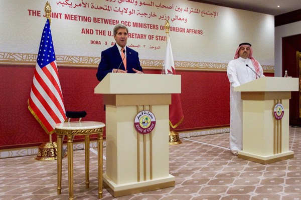 U.S. Secretary of State John Kerry addresses reporters with Qatari Foreign Minister Khalid al-Attiyah after briefing members of the Gulf Cooperation Council about the Iran nuclear deal, Doha, Qatar, Aug. 3, 2015 (State Department photo).