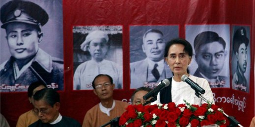 Myanmar opposition leader Aung San Suu Kyi speaks during a ceremony to mark the 68th anniversary of Martyrs' Day at the headquarters of her National League for Democracy Party, Yangon, Myanmar, July 19, 2015 (AP photo by Khin Maung Win).