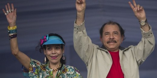 Nicaragua's President Daniel Ortega and first lady Rosario Murillo commemorate the 36th anniversary of the Sandinista National Liberation Front withdrawal to Masaya, Managua, Nicaragua, July 3, 2015 (AP photo by Esteban Felix).