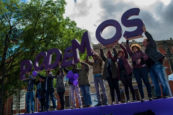 Regional candidates of the leftist Podemos party during a campaign rally ahead of local elections, Pamplona, Spain, May 16, 2015 (AP photo by Alvaro Barrientos).