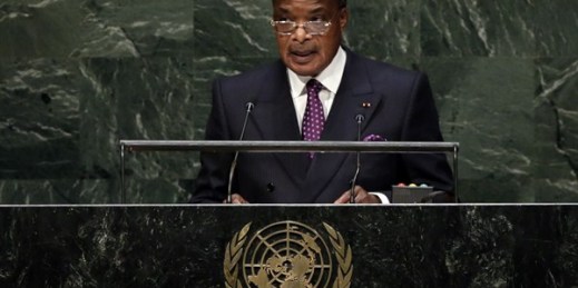 Republic of Congo President Denis Sassou Nguesso addresses the 69th session of the United Nations General Assembly, U.N. headquarters, New York, Sept. 26, 2014 (AP photo by Richard Drew).