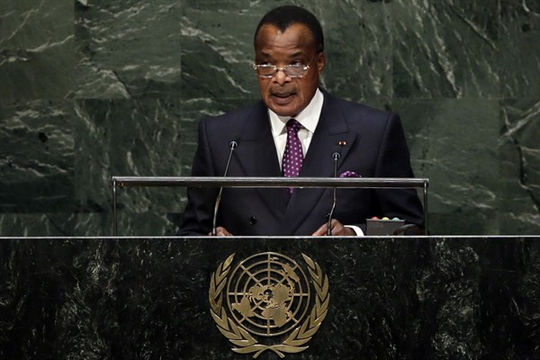 Republic of Congo President Denis Sassou Nguesso addresses the 69th session of the United Nations General Assembly, U.N. headquarters, New York, Sept. 26, 2014 (AP photo by Richard Drew).