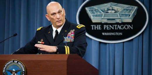 Outgoing Army Chief of Staff Gen. Ray Odierno speaks during his final news briefing, Aug. 12, 2015, at the Pentagon (AP photo/Evan Vucci).