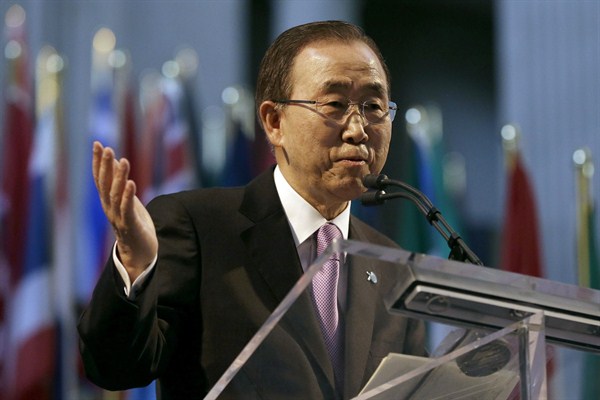 U.N. Secretary General Ban Ki-moon speaks at a ceremony for the 70th anniversary of the United Nations, San Francisco, California, June 26, 2015 (AP photo by Jeff Chiu).