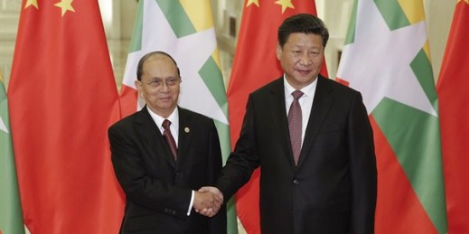Chinese President Xi Jinping shakes hands with Myanmar President Thein Sein at the Great Hall of the People, Beijing, Sept. 4, 2015 (AP photo by Lintao Zhang).