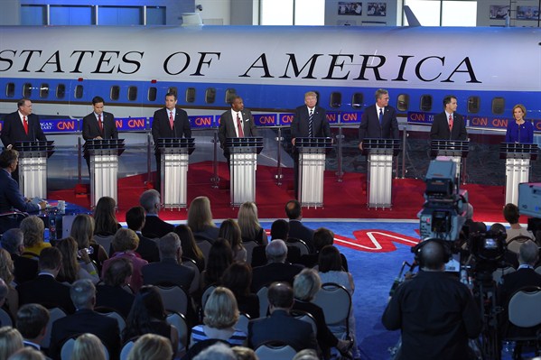Republican presidential candidates appear during the CNN Republican presidential debate at the Ronald Reagan Presidential Library and Museum, Simi Valley, Calif., Sept. 16, 2015 (AP photo by Chris Carlson).