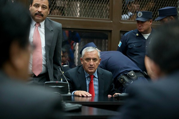 Guatemalan President Otto Perez Molina sits in court where he faces corruption charges, after he submitted his resignation in Guatemala City, Sept. 3, 2015 (AP photo/Esteban Felix).
