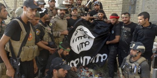 Iraqi security forces backed by Shiite and Sunni pro-government fighters celebrate as they hold a flag of the Islamic State militant group they captured in Anbar University in Ramadi, Anbar province, Iraq, July 26, 2015 (AP photo).