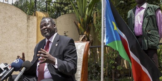 South Sudan's rebel leader Riek Machar speaks to the media about the situation in South Sudan, Addis Ababa, Ethiopia, Aug. 31, 2015 (AP photo by Mulugeta Ayene).