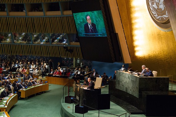 U.N. Secretary-General Ban Ki-moon presents his annual report at the opening of the general debate of the U.N. General Assembly’s seventieth session, New York, Sept. 28, 2015 (U.N. photo by Loey Felipe).