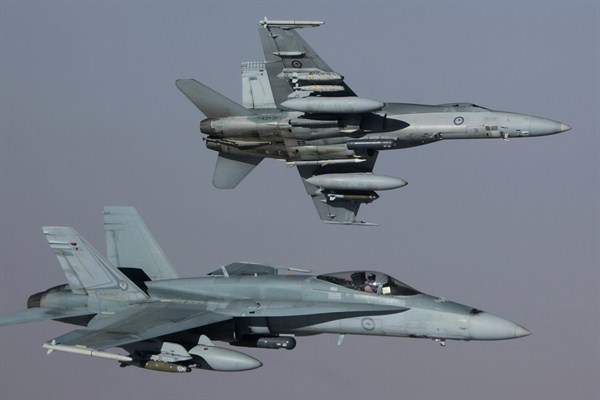 Two of the Royal Australian Air Force’s Air Task Group's F/A-18A Hornets during a mission into Syria, Sept. 14 2015 (Australian Department of Defence photo).