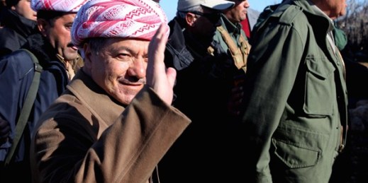 Iraqi Kurdistan Regional Government President Massoud Barzani arrives to support Kurdish forces as they head to battle Islamic State militants, Sinjar, Iraq, Dec. 21, 2014 (AP photo by Zana Ahmed).