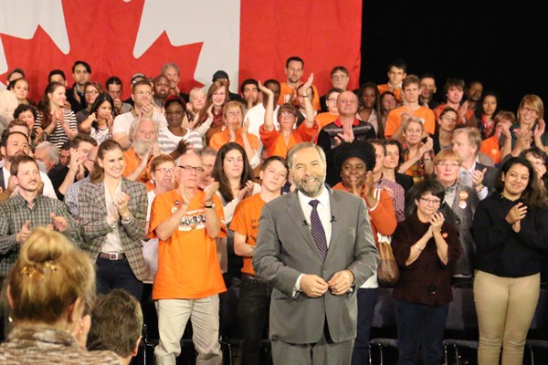 New Democratic Party leader Tom Mulcair at a campaign event at the Palais des Congres, Montreal, Canada, Oct. 9, 2015 (photo by Flickr user Anne Campagne licensed under the Creative Commons Attribution-NonCommercial 2.0 Generic license).