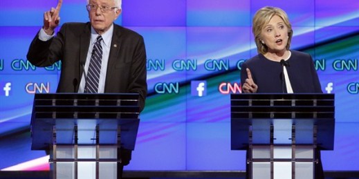 Former Secretary of State Hillary Clinton and Sen. Bernie Sanders during the Democratic presidential debate, Las Vegas, Oct. 13, 2015 (AP photo by John Locher).