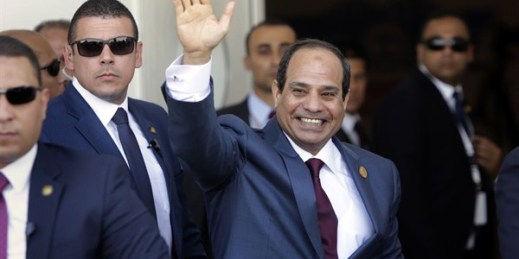 Egyptian President Abdel-Fattah el-Sisi at the opening ceremony of the new section of the Suez Cana, Ismailia, Egypt, Aug. 6, 2015 (AP photo by Amr Nabil).