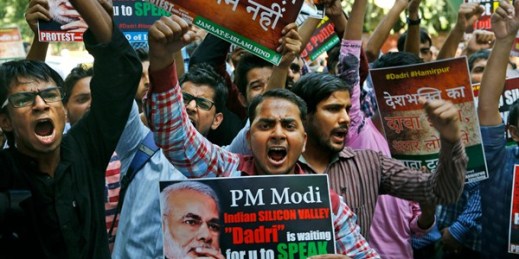 Indian Muslim activists shout slogans against Indian Prime Minister Narendra Modi during a protest against the killing of a Muslim farmer in New Delhi, India, Oct. 6, 2015 (AP photo by Manish Swarup).