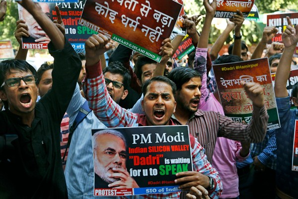 Indian Muslim activists shout slogans against Indian Prime Minister Narendra Modi during a protest against the killing of a Muslim farmer in New Delhi, India, Oct. 6, 2015 (AP photo by Manish Swarup).
