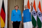 German Chancellor Angela Merkel and Indian Prime Minister Narendra Modi pose before a meeting in New Delhi, India, Oct. 5, 2015 (AP photo by Saurabh Das).