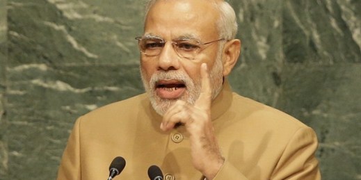 Indian Prime Minister Narendra Modi addresses the 2015 Sustainable Development Summit at the United Nations, New York, Sept. 25, 2015 (AP photo by Seth Wenig).