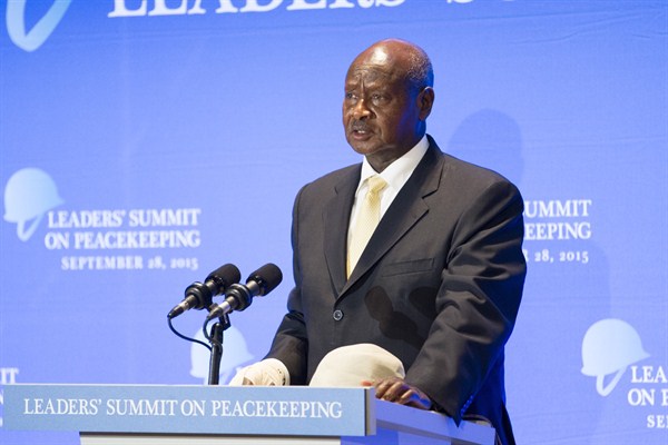Ugandan President Yoweri Museveni addresses the Leader’s Summit on Peacekeeping, United Nations, New York, Sept. 28, 2015 (U.N. photo by Rick Bajornas).