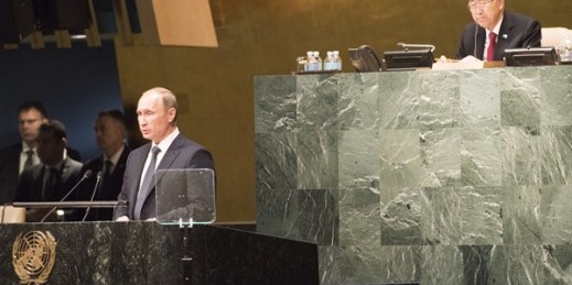 Russian President Vladimir Putin addresses the general debate of the General Assembly’s seventieth session, New York, Sept. 28 2015 (U.N. photo by Mark Garten).