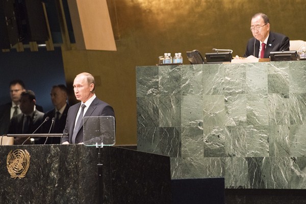 Russian President Vladimir Putin addresses the general debate of the General Assembly’s seventieth session, New York, Sept. 28 2015 (U.N. photo by Mark Garten).