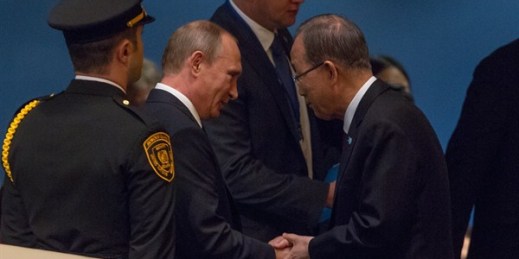 U.N. Secretary-General Ban Ki-moon greets Russian President Vladimir Putin following the latter’s address at the general debate of the General Assembly’s seventieth session, New York, Sept. 28, 2015 (U.N. photo by Loey Felipe).
