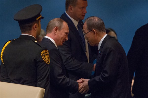 U.N. Secretary-General Ban Ki-moon greets Russian President Vladimir Putin following the latter’s address at the general debate of the General Assembly’s seventieth session, New York, Sept. 28, 2015 (U.N. photo by Loey Felipe).