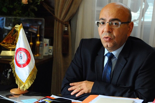 The head of the Tunisian Bar Association and one of the four winners of the 2015 Nobel Peace Prize, Mohamed Fadhel Mafoudh, at his office, Tunis, Tunisia, Oct. 12, 2015 (AP photo by Hassene Dridi).