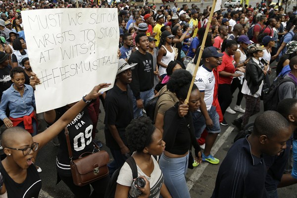 University of the Witwatersrand students march during a protest, Johannesburg, South Africa, Oct. 21, 2015 (AP photo by Themba Hadebe).