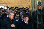 Turkish President Recep Tayyip Erdogan, left, and Prime Minister Ahmet Davutoglu after a visit to the mausoleum of Turkey's founder, Mustafa Kemal Ataturk, on Republic Day in Ankara, Turkey, Oct. 29, 2015 (AP photo by Burhan Ozbilici).
