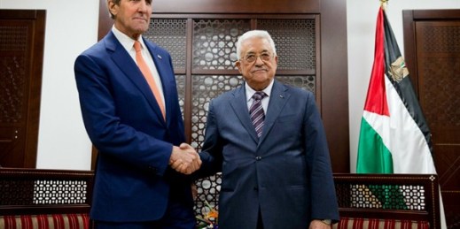U.S. Secretary of State John Kerry and Palestinian President Mahmoud Abbas in the West Bank city of Ramallah, Nov. 24, 2015 (AP photo by Jacquelyn Martin).