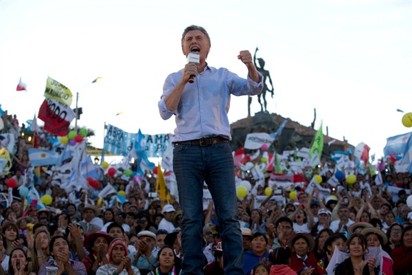 Opposition presidential candidate Mauricio Macri at a campaign rally in Humahuaca, Argentina, Nov. 19, 2015 (AP photo by Natacha Pisarenko).