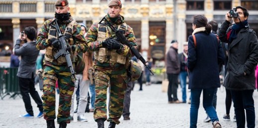 Belgian soldiers patrol in the center of Brussels, Nov. 20, 2015 (AP photo by Geert Vanden Wijngaert).