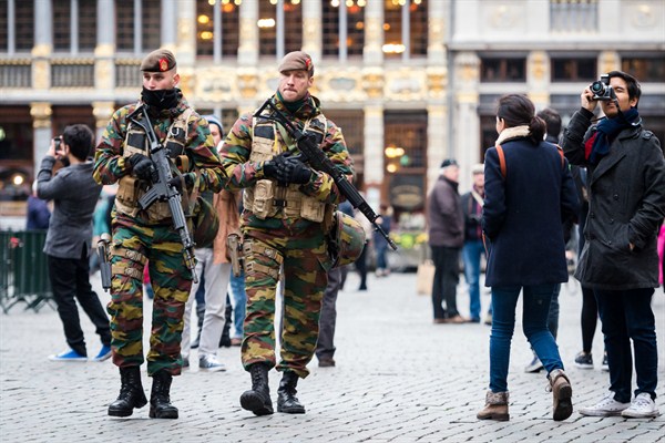 Belgian soldiers patrol in the center of Brussels, Nov. 20, 2015 (AP photo by Geert Vanden Wijngaert).