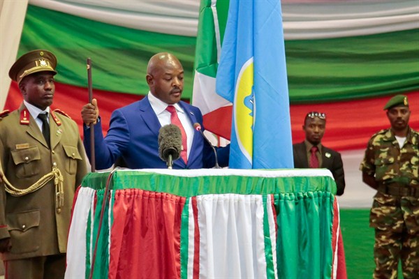 Burundi's President Pierre Nkurunziza is sworn in for a third term in Bujumbura, Burundi, Aug. 20, 2015 (AP photo by Gildas Ngingo).