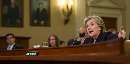 Former Secretary of State Hillary Rodham Clinton testifies before the House Benghazi Committee in Washington, Oct. 22, 2015 (AP photo by Evan Vucci).