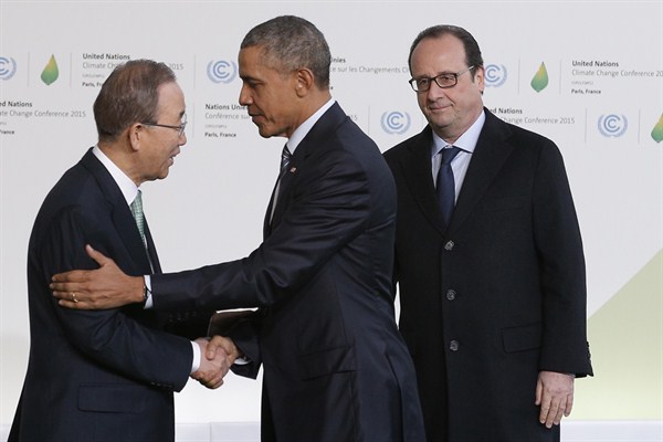 U.N. Secretary-General Ban Ki-moon, U.S. President Barack Obama and French President Francois Hollande arrive at the COP21, United Nations Climate Change Conference, Le Bourget, France, Nov. 30, 2015 (AP photo by Christophe Ena).