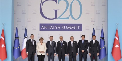 European leaders observe a minute of silence at the G-20 Summit, Antalya, Turkey, Nov. 16, 2015 (photo from the office of the U.K. Prime Minister).