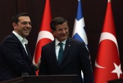 Greek Prime Minister Alexis Tsipras and Turkish Prime Minister Ahmet Davutoglu at a joint news conference, Ankara, Turkey, Nov. 18, 2015 (AP photo by Burhan Ozbilici).
