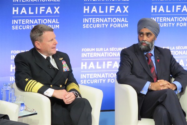 U.S. Admiral Bill Gortney and Canadian Defense Minister Harjit Sajjan during a panel at the Halifax International Security Forum, Nov. 20, 2015 (U.S. Embassy in Canada photo).