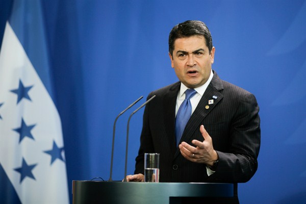 Honduran President Juan Orlando Hernandez at a news conference in Berlin, Germany, Oct. 27, 2015 (AP photo by Markus Schreiber).