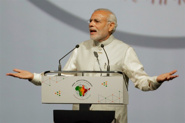 Indian Prime Minister Narendra Modi speaks at the India-Africa Forum Summit in New Delhi, India, Oct. 29, 2015 (AP photo by Bernat Armangue).
